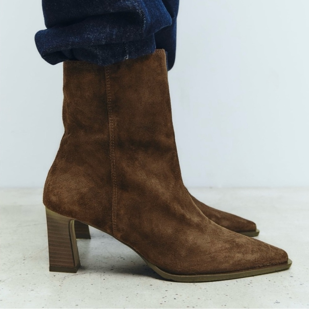 ZARA suede heeled KHAITE inspired ankle boots in brown; great condition